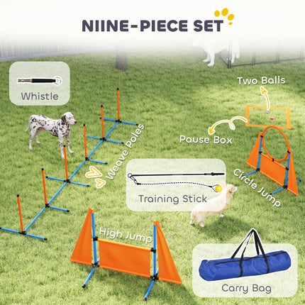 7-Piece Dog Agility Training Set with Weave Poles, Jump Ring, Hurdle, Pause Box & Carry Bag - Orange
