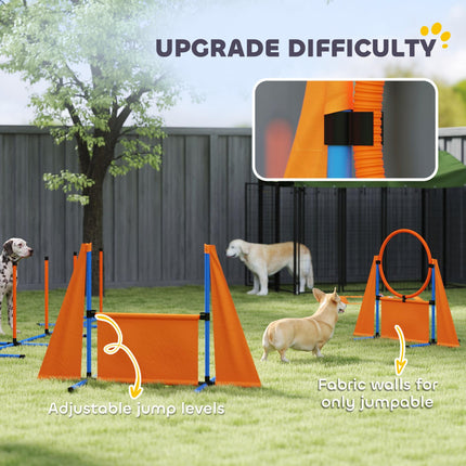 7-Piece Dog Agility Training Set with Weave Poles, Jump Ring, Hurdle, Pause Box & Carry Bag - Orange