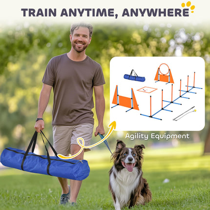 7-Piece Dog Agility Training Set with Weave Poles, Jump Ring, Hurdle, Pause Box & Carry Bag - Orange