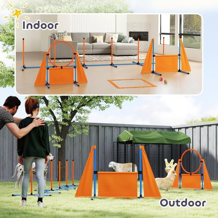 7-Piece Dog Agility Training Set with Weave Poles, Jump Ring, Hurdle, Pause Box & Carry Bag - Orange
