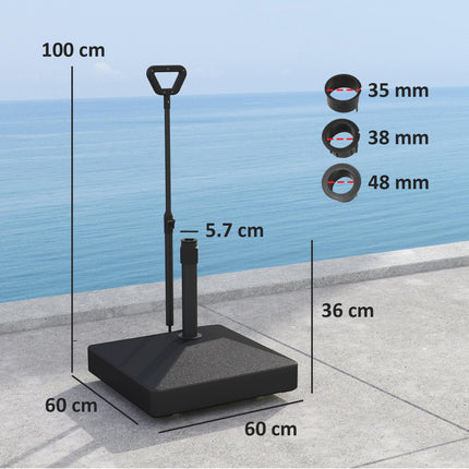 Garden Parasol Base with Adjustable Wheels & Handle, Fits 35-48mm Poles, 55kg Sand / 45kg Water Filled - Black