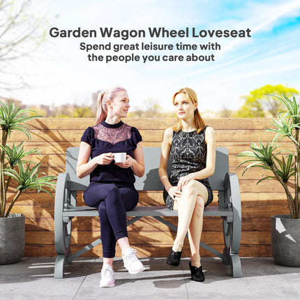 2 Seater Fir Wood Outdoor Garden Wagon Wheel Bench - Grey