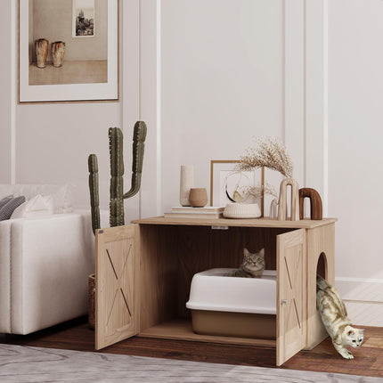 Cat Litter Box Enclosure with Double Doors and Side Entrance, Non-Slip Pads for