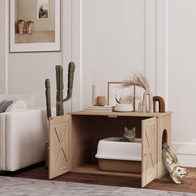 Cat Litter Box Enclosure with Double Doors and Side Entrance, Non-Slip Pads for
