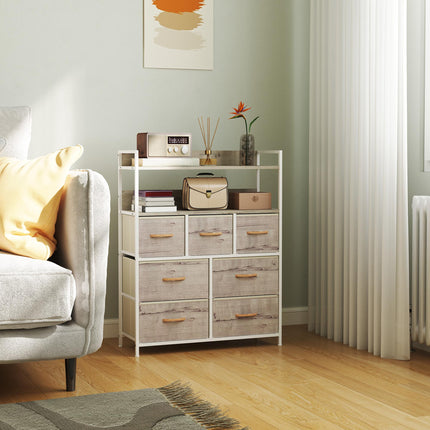 Rustic Chest of Seven Fabric Drawers with Shelves - Natural Wood Finish