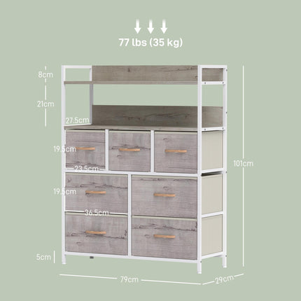 Rustic Chest of Seven Fabric Drawers with Shelves - Natural Wood Finish