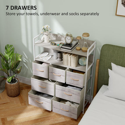 Rustic Chest of Seven Fabric Drawers with Shelves - Natural Wood Finish