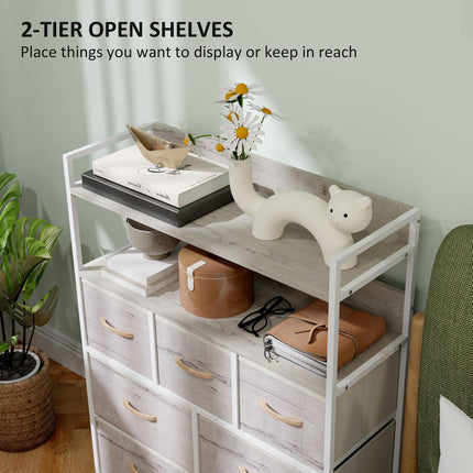 Rustic Chest of Seven Fabric Drawers with Shelves - Natural Wood Finish