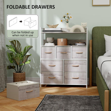 Rustic Chest of Seven Fabric Drawers with Shelves - Natural Wood Finish