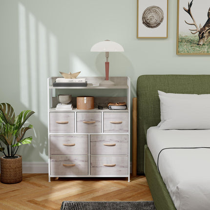 Rustic Chest of Seven Fabric Drawers with Shelves - Natural Wood Finish