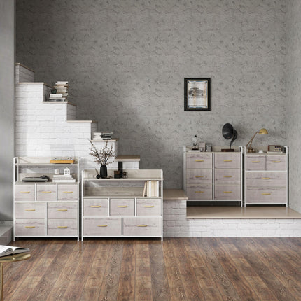 Rustic Chest of Seven Fabric Drawers with Shelves - Natural Wood Finish