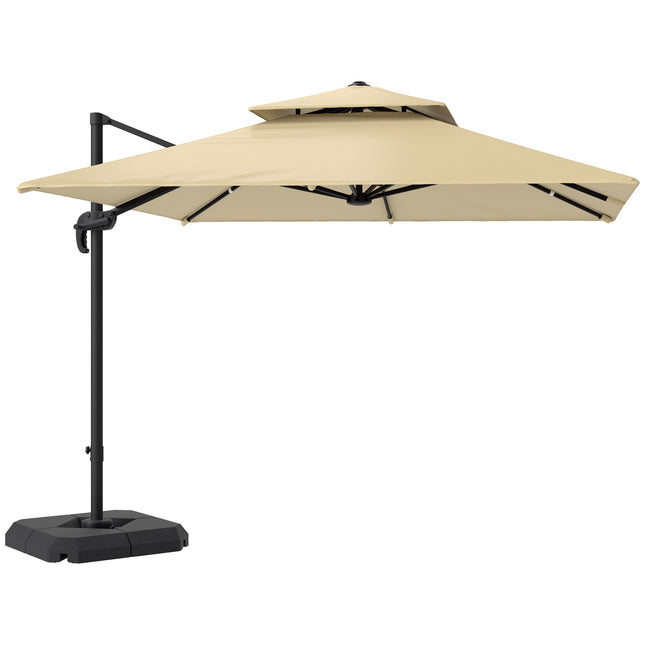 2.7x2.7m Cantilever Parasol with Aluminium Frame, Crank, Tilt & 360° Rotation Double Top Garden Umbrella with Base and Cover - Khaki