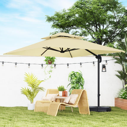 2.7x2.7m Cantilever Parasol with Aluminium Frame, Crank, Tilt & 360° Rotation Double Top Garden Umbrella with Base and Cover - Khaki