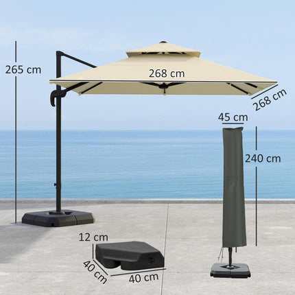 2.7x2.7m Cantilever Parasol with Aluminium Frame, Crank, Tilt & 360° Rotation Double Top Garden Umbrella with Base and Cover - Khaki