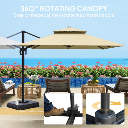 2.7x2.7m Cantilever Parasol with Aluminium Frame, Crank, Tilt & 360° Rotation Double Top Garden Umbrella with Base and Cover - Khaki
