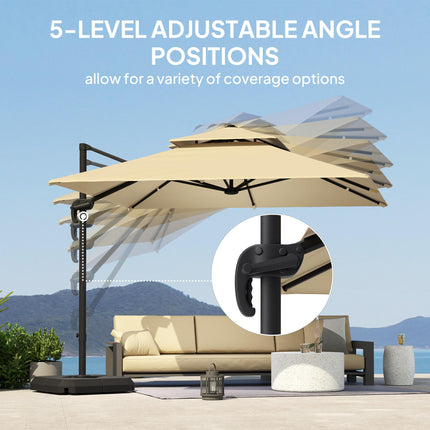 2.7x2.7m Cantilever Parasol with Aluminium Frame, Crank, Tilt & 360° Rotation Double Top Garden Umbrella with Base and Cover - Khaki