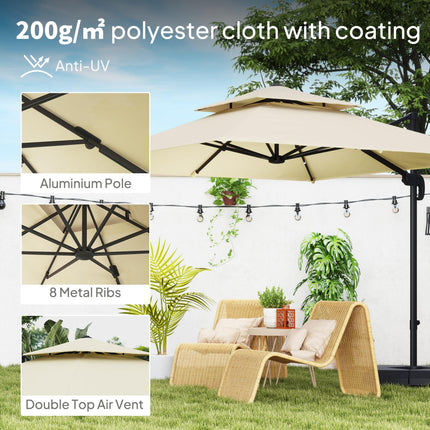 2.7x2.7m Cantilever Parasol with Aluminium Frame, Crank, Tilt & 360° Rotation Double Top Garden Umbrella with Base and Cover - Khaki