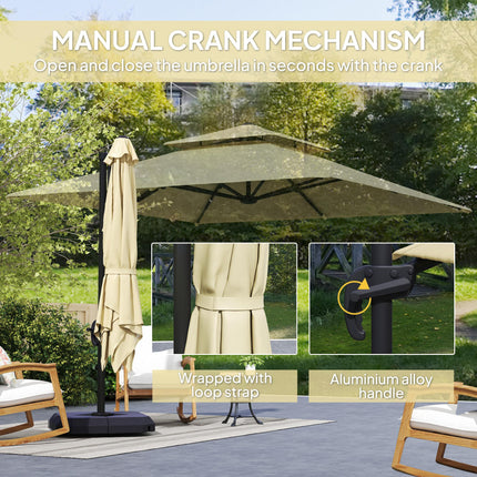 2.7x2.7m Cantilever Parasol with Aluminium Frame, Crank, Tilt & 360° Rotation Double Top Garden Umbrella with Base and Cover - Khaki