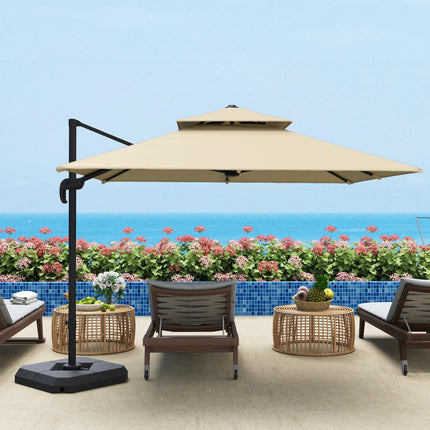 2.7x2.7m Cantilever Parasol with Aluminium Frame, Crank, Tilt & 360° Rotation Double Top Garden Umbrella with Base and Cover - Khaki