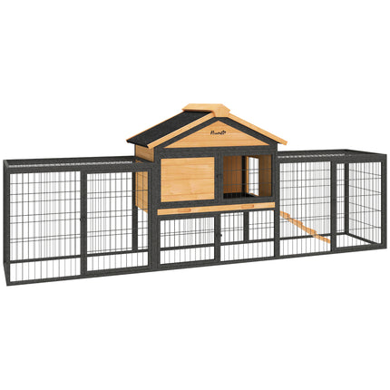 Wooden Rabbit Hutch with Steel Run, Removable Tray, Asphalt Roof & Ramp - Natural Wood Finish