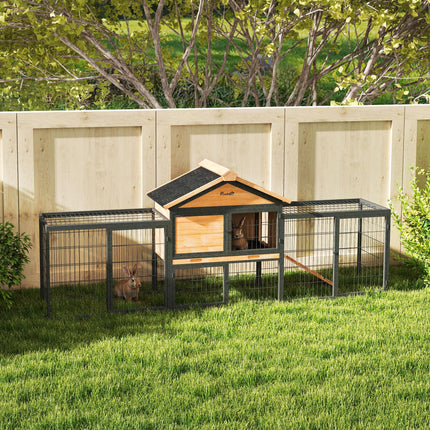 Wooden Rabbit Hutch with Steel Run, Removable Tray, Asphalt Roof & Ramp - Natural Wood Finish