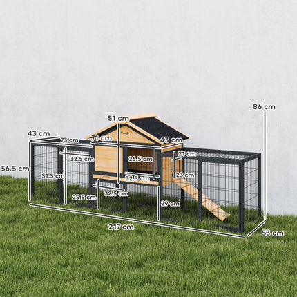 Wooden Rabbit Hutch with Steel Run, Removable Tray, Asphalt Roof & Ramp - Natural Wood Finish