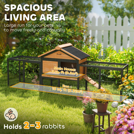 Wooden Rabbit Hutch with Steel Run, Removable Tray, Asphalt Roof & Ramp - Natural Wood Finish