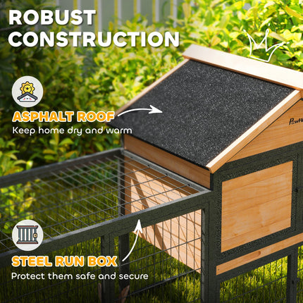 Wooden Rabbit Hutch with Steel Run, Removable Tray, Asphalt Roof & Ramp - Natural Wood Finish