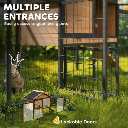 Wooden Rabbit Hutch with Steel Run, Removable Tray, Asphalt Roof & Ramp - Natural Wood Finish