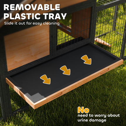 Wooden Rabbit Hutch with Steel Run, Removable Tray, Asphalt Roof & Ramp - Natural Wood Finish