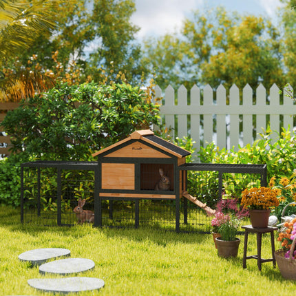 Wooden Rabbit Hutch with Steel Run, Removable Tray, Asphalt Roof & Ramp - Natural Wood Finish