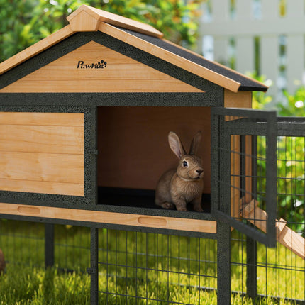 Wooden Rabbit Hutch with Steel Run, Removable Tray, Asphalt Roof & Ramp - Natural Wood Finish