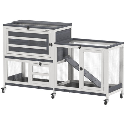 Wooden Rabbit Hutch with Run, 2-Tier Guinea Pig Hutch with Run, Wheels, 3 Plasti