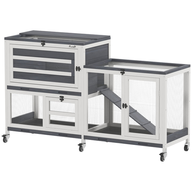 Wooden Rabbit Hutch with Run, 2-Tier Guinea Pig Hutch with Run, Wheels, 3 Plasti
