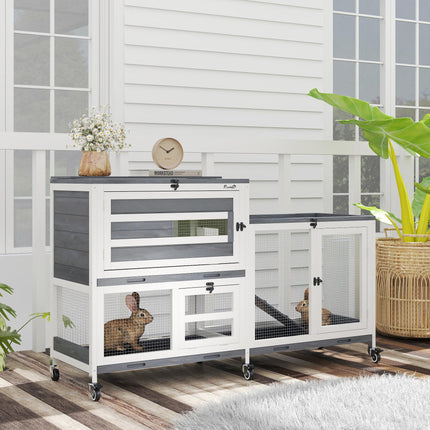 Wooden Rabbit Hutch with Run, 2-Tier Guinea Pig Hutch with Run, Wheels, 3 Plasti