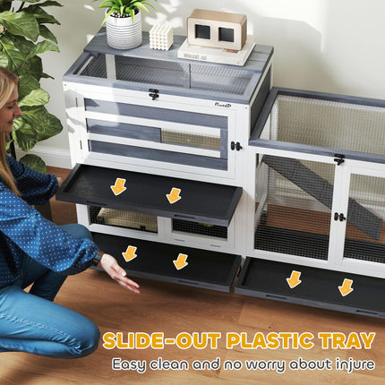 Wooden Rabbit Hutch with Run, 2-Tier Guinea Pig Hutch with Run, Wheels, 3 Plasti