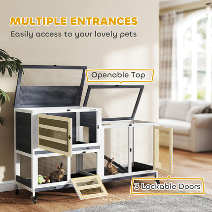 Wooden Rabbit Hutch with Run, 2-Tier Guinea Pig Hutch with Run, Wheels, 3 Plasti