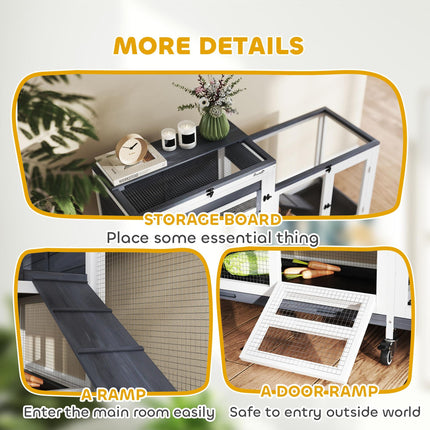 Wooden Rabbit Hutch with Run, 2-Tier Guinea Pig Hutch with Run, Wheels, 3 Plasti