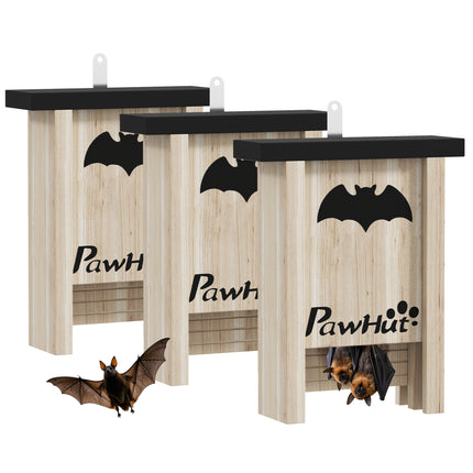 3PC Wooden Bat Boxes with Hooks for Outdoor Garden & Farm 18x6x22.5 cm - Natural Wood