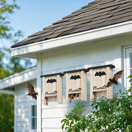 3PC Wooden Bat Boxes with Hooks for Outdoor Garden & Farm 18x6x22.5 cm - Natural Wood