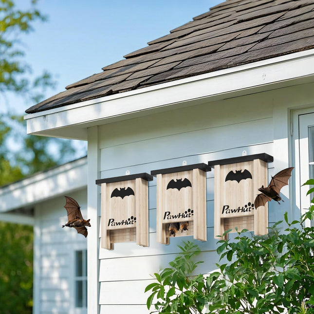 3PC Wooden Bat Boxes with Hooks for Outdoor Garden & Farm 18x6x22.5 cm - Natural Wood