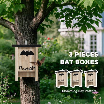 3PC Wooden Bat Boxes with Hooks for Outdoor Garden & Farm 18x6x22.5 cm - Natural Wood