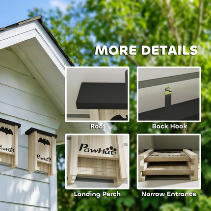 3PC Wooden Bat Boxes with Hooks for Outdoor Garden & Farm 18x6x22.5 cm - Natural Wood