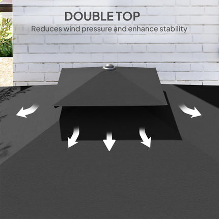 Outsunny 2.5m Cantilever Parasol with Easy Lever, Square Double Top Garden Parasol Umbrella with Ruffles and Cross Base, Overhanging Outdoor Sun Shades, Black