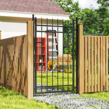 Galvanised Steel Garden Gate, Outdoor Fence Gate Security Barrier with Lock, Keys and Handle, Outdoor Entrance Way Door with Classic Finials, 105 x 204 cm, Black