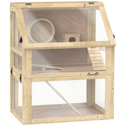 Wooden Hamster Cage 60x40x75cm with Detachable 32cm Deep Bottom, Hut, Seesaw, Exercise Wheel, Ramps - Natural Wood Finish