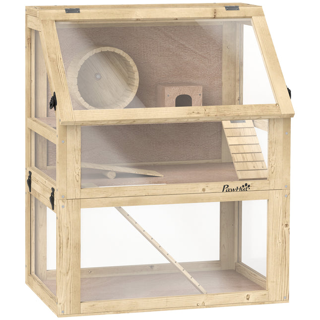 Wooden Hamster Cage 60x40x75cm with Detachable 32cm Deep Bottom, Hut, Seesaw, Exercise Wheel, Ramps - Natural Wood Finish