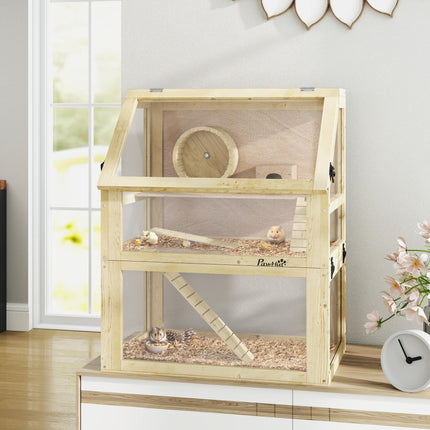 Wooden Hamster Cage 60x40x75cm with Detachable 32cm Deep Bottom, Hut, Seesaw, Exercise Wheel, Ramps - Natural Wood Finish