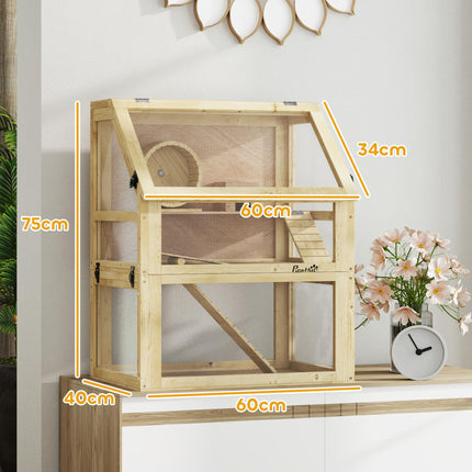 Wooden Hamster Cage 60x40x75cm with Detachable 32cm Deep Bottom, Hut, Seesaw, Exercise Wheel, Ramps - Natural Wood Finish