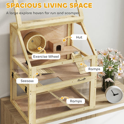 Wooden Hamster Cage 60x40x75cm with Detachable 32cm Deep Bottom, Hut, Seesaw, Exercise Wheel, Ramps - Natural Wood Finish